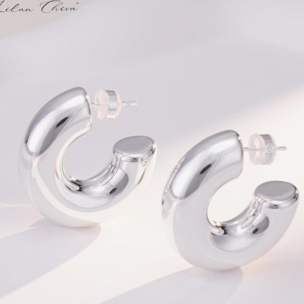 Milan Stainless Steel Chunky Sleek Hoop Earrings Gold-Plated Silver Post - Picture 2 of 10